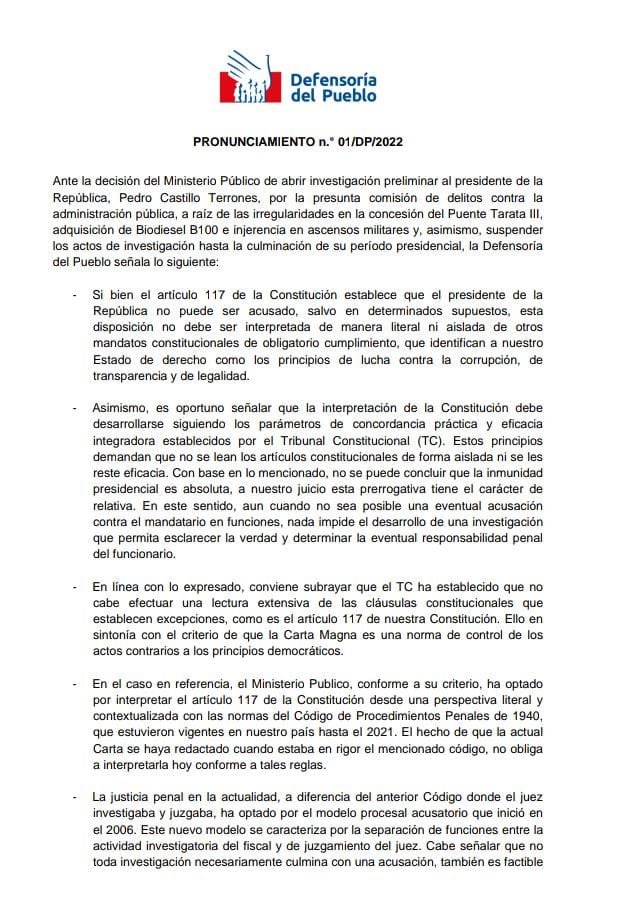 Defensoria_Peru's tweet photo. #Pronunciamiento Ante decisión de @FiscaliaPeru  de abrir investigación preliminar y no desarrollar actos de investigación al presidente de la República, señalamos 👉 https://t.co/mu5EipJeur https://t.co/asRfNgU7yz