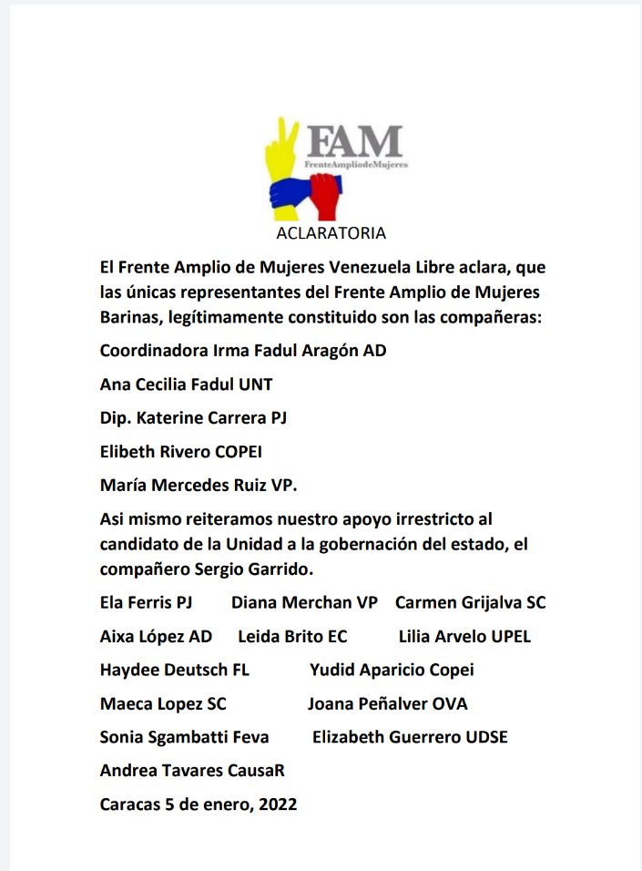 Aclaratoria #Urgente sobre el Frente Amplio de Mujeres capítulo #Barinas.