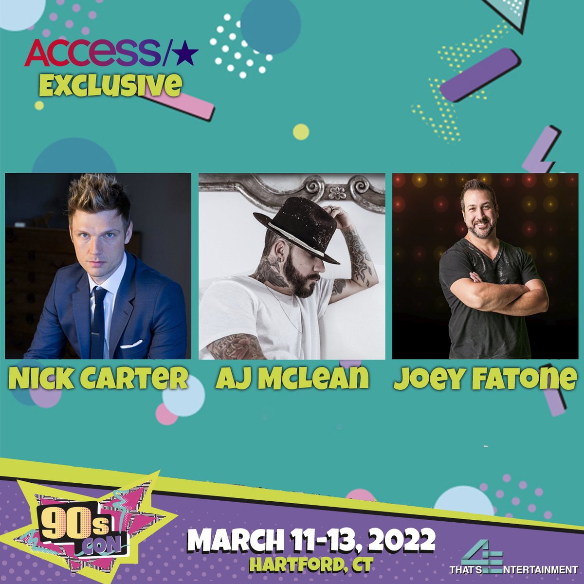 😱 This announcement is larger than life! 🤩 Thank you so much @accesshollywood for the exclusive! We are very excited to welcome @nickcarter, @aj_mclean and @realjoeyfatone to #90sCon! We can’t wait to see you there, no strings attached! 😉