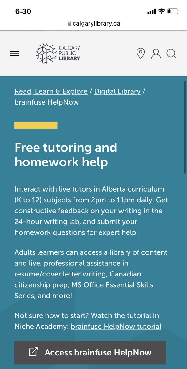 FYI K-12 students and parents in #yyc - the public library has offered free, live, online tutoring for years.  Not recorded videos - actual tutors who know the #abed curriculum. You can access this service with your public library card: calgarylibrary.ca/read-learn-and…