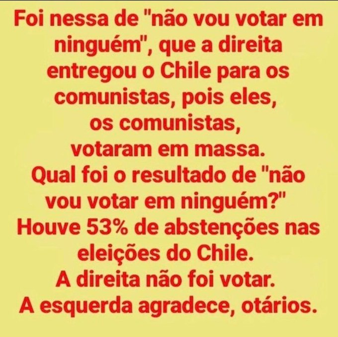 abripi's tweet photo. osvaldo @SirOsvald
· Jan 5
JJÁ AQUI MESMO QUE SÓ VOTASSEM OS DESTROS, PERIGA A URNA CANHOTAR O RESULTADO!!!!!!
AINDA DÁ TEMPO!!!!
@SenadoFederal
#votoimpressosim https://t.co/zqHZxZ6Pdr