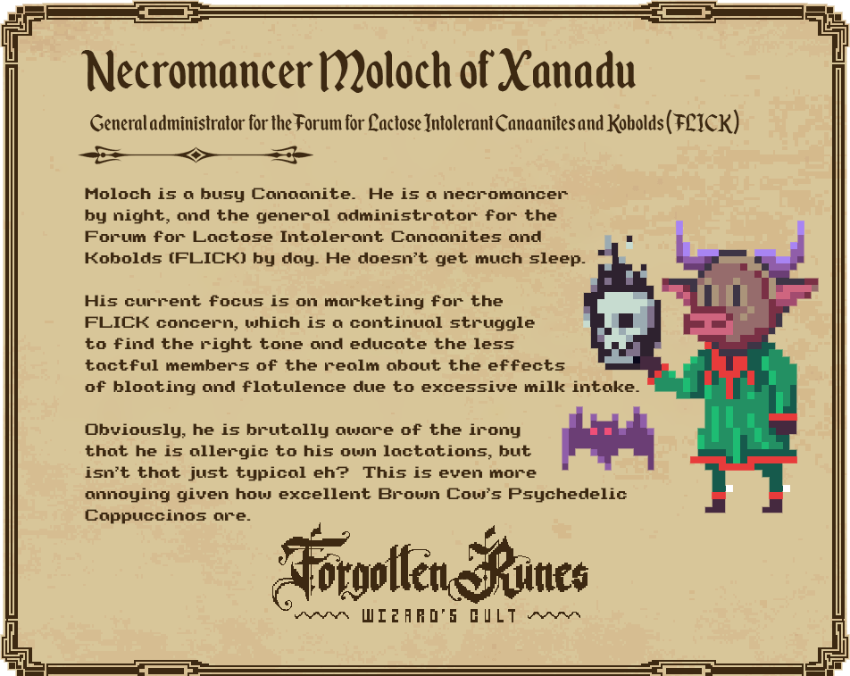 Big day for the Milk Guild, Member 23!
Imagine producing the finest milk out there, but not being allergic to your own white gold?
Please, a moment of silence for Necromancer Moloch and all other members he help support at FLICK.
No more farts!

<a href="/forgottenrunes/">Forgotten Runes Wizard's Cult</a>