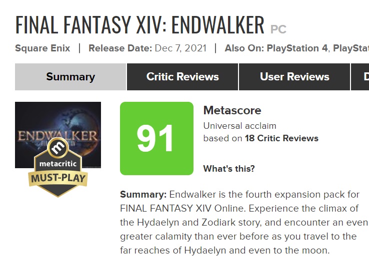 Metacritic - Final Fantasy XIV: Endwalker now has