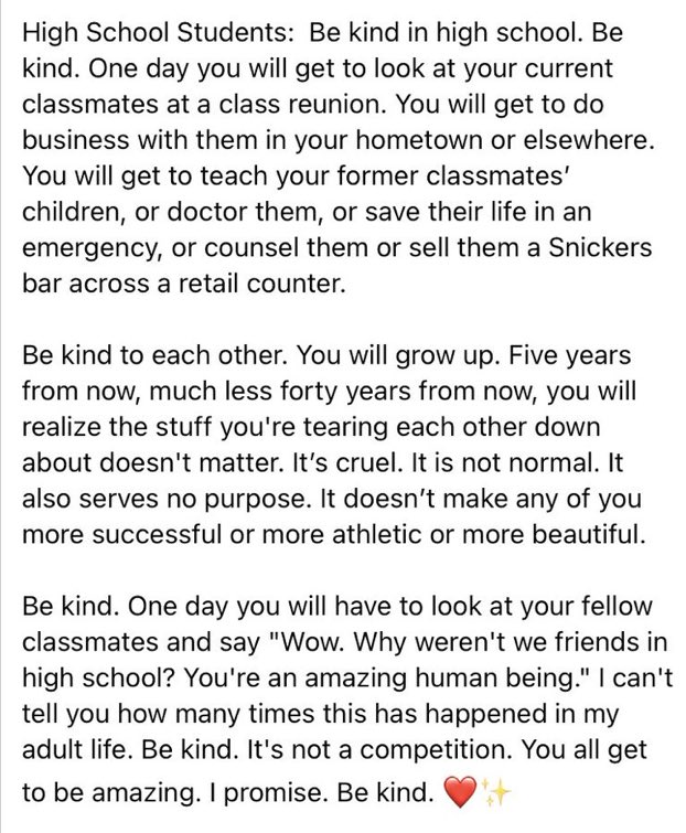 SBLWarriorFB's tweet photo. Saw this on one of my college teammate’s Twitter. @Skillutt28 Maybe the best advice I’ve seen.
“Be kind.” https://t.co/atBhjluPv3