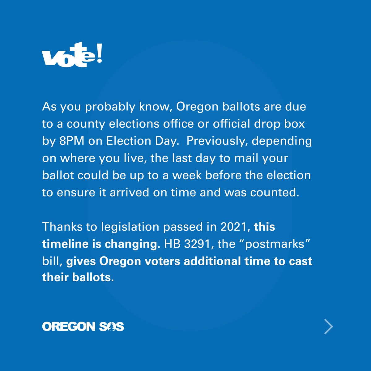 OregonElections's tweet photo. Oregon voters! #DidYouKnow Starting January 1st, if your ballot is in the mail and postmarked by the USPS by 8PM on Election Day, it will be counted. https://t.co/09hA1dfxah