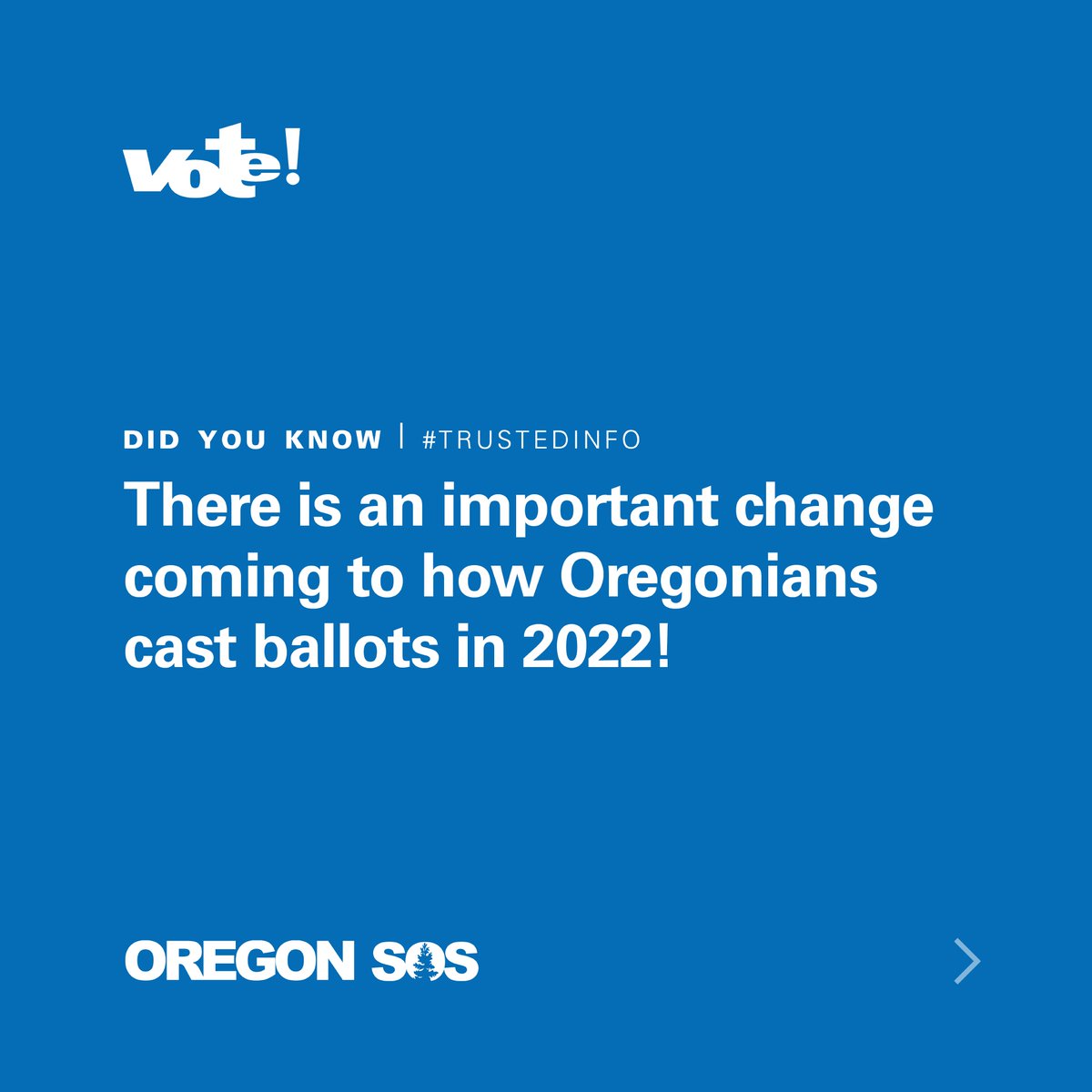 OregonElections's tweet photo. Oregon voters! #DidYouKnow Starting January 1st, if your ballot is in the mail and postmarked by the USPS by 8PM on Election Day, it will be counted. https://t.co/09hA1dfxah