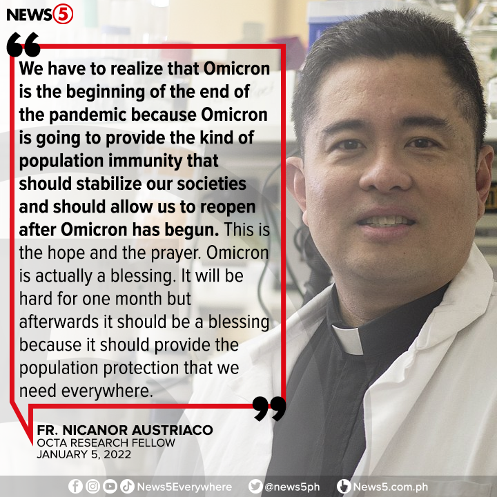 News5PH's tweet photo. “OMICRON IS ACTUALLY A BLESSING.”

Sinabi ni Fr. Nicanor Austriaco ng OCTA Research sa Go Negosyo Town Hall meeting na maaaring ang Omicron variant ang tumapos sa pandemya. https://t.co/XALxRiEr8A