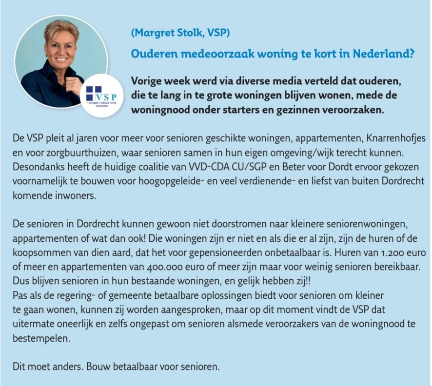 Pas als de regering of gemeente betaalbare oplossingen biedt voor senioren om kleiner te gaan wonen, kunnen zij worden aangesproken, maar op dit moment is dat uitermate oneerlijk en zelfs ongepast om senioren als mede veroorzakers van de woningnood te bestempelen #wanbeleid