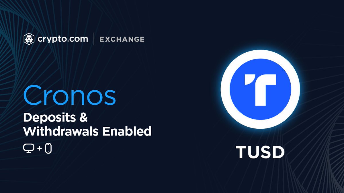 Cryptocom_Exch's tweet photo. https://t.co/A7lhUEyVZW Exchange now supports deposits and withdrawals of $TUSD via Cronos. 

*Available for both Exchange Web and App.

Deposit Now 👉 https://t.co/GBTPzwVBuy

@tusd_official
@cronosapp https://t.co/bsjf9C0mIw