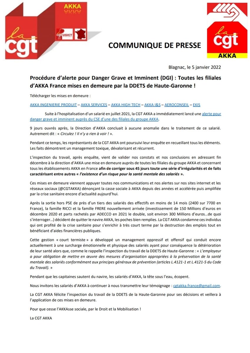 Procédure d’alerte pour Danger Grave et Imminent (DGI) lancée par la CGT Akka : Toutes les filiales 
d’AKKA France mises en demeure par la DDETS de Haute-Garonne !
Pour que cesse l'AKKAsse sociale, par le Droit et la Mobilisation ! 💪✊
