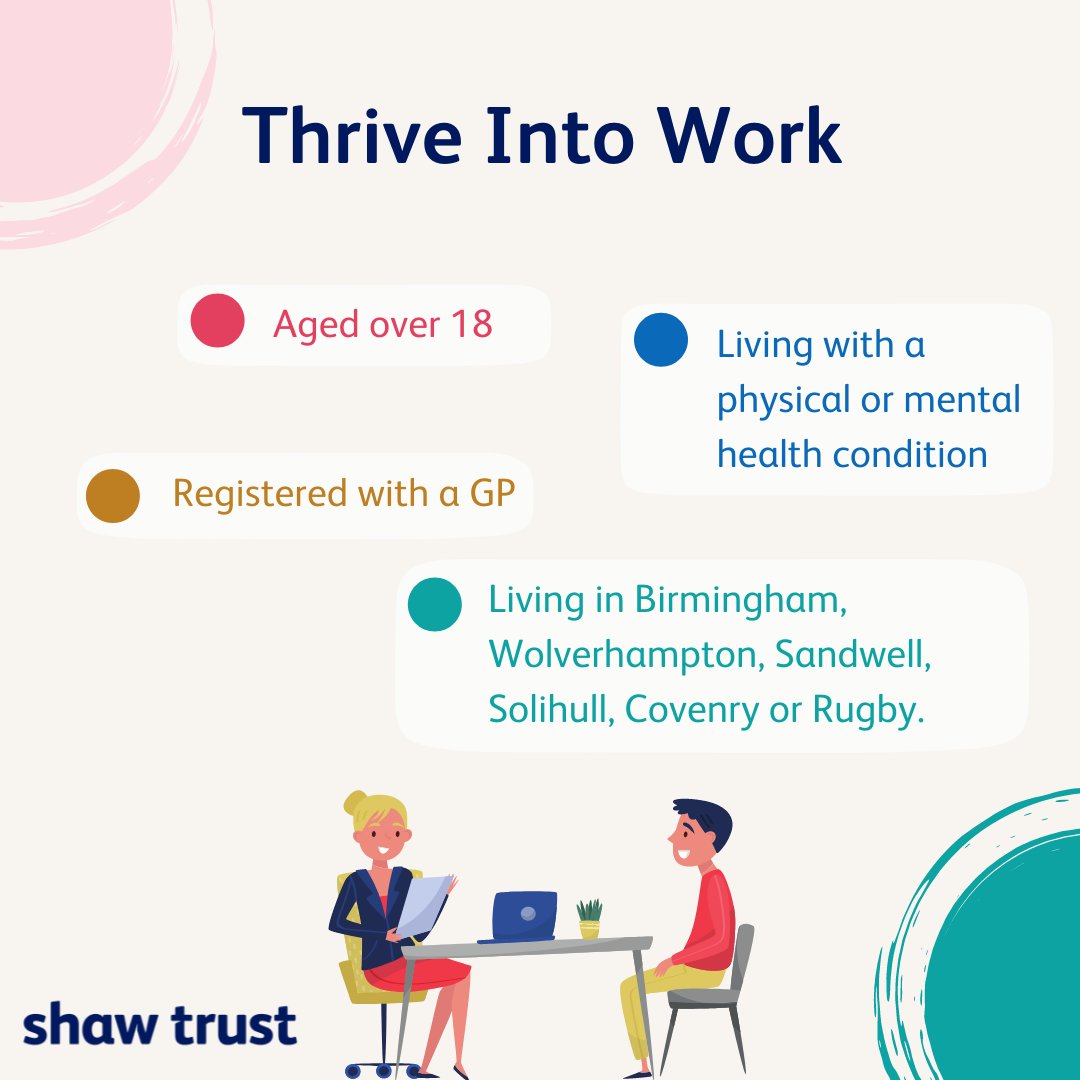 ShawTrust's tweet photo. Do you support people who want to get back to work but are unsure how to help? 
#ThriveIntoWork may be the answer! 

Find out how we can help here: https://t.co/jA3bxwGITC 

#Birmingham #Wolverhampton #Sandwell #Solihull #Coventry #Rugby #BackToWork https://t.co/Yn9j3ve3B7