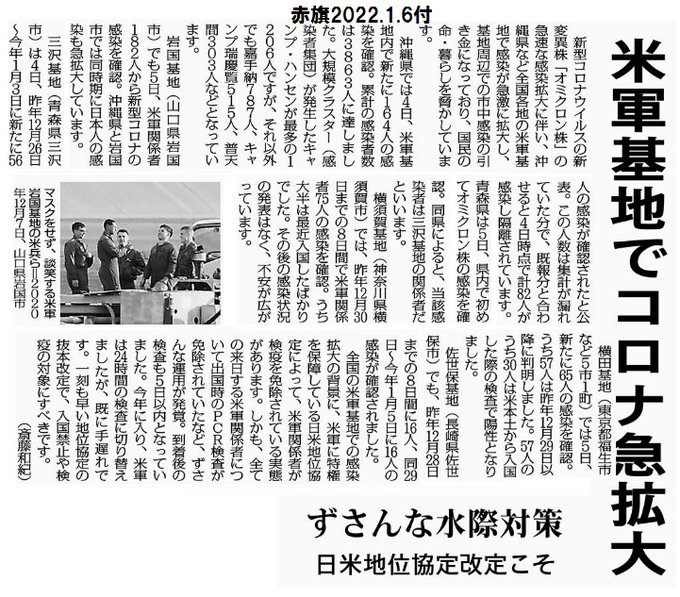 米軍基地でコロナ急拡大
ずさんな水際対策 日米地位協定改定こそ
2022年1月6日【2面】
新型コロナウイルスの新変異株「オミクロン株」の急速な感染拡大に伴い、沖縄県など全国各地の米軍基地で感染が急激に拡大し、基地周辺での市中感染の引き金になっており、国民の命・暮らしを脅かしています。
沖縄県では4日、米軍基地内で新たに164人の感染を確認。累計の感染者数は3863人に達しました。大規模クラスター(感染者集団)が発生したキャンプ・ハンセンが最多の1206人ですが、それ以外でも嘉手納787人、キャンプ瑞慶覧515人、普天間303人などとなっています。
岩国基地(山口県岩国市)でも5日、米軍関係者182人から新型コロナの感染を確認。沖縄県と岩国市では同時期に日本人の感染も急拡大しています。
三沢基地(青森県三沢市)は4日、昨年12月26日~今年1月3日に新たに56人の感染が確認されたと公表。この人数は集計が漏れていた分で、既報分と合わせると4日時点で計82人が感染し隔離されています。青森県は5日、県内で初めてオミクロン株の感染を確認。同県によると、当該感染者は三沢基地の関係者だといいます。
横須賀基地(神奈川県横須賀市)では、昨年12月30日までの8日間で米軍関係者75人の感染を確認。うち大半は最近入国したばかりでした。その後の感染状況の発表はなく、不安が広がっています。
横田基地(東京都福生市など5市1町)では5日、新たに65人の感染を確認。うち57人は昨年12月29日以降に判明しました。57人のうち30人は米本土から入国した際の検査で陽性となりました。
佐世保基地(長崎県佐世保市)でも、昨年12月28日までの8日間に16人、同29日~今年1月5日に16人の感染が確認されました。
全国の米軍基地での感染拡大の背景に、米軍に特権を保障している日米地位協定によって、米軍関係者が検疫を免除されている実態があります。しかも、全ての来日する米軍関係者について出国時のPCR検査が免除されていたなど、ずさんな運用が発覚。到着後の検査も5日以内となっていました。今年に入り、米軍は24時間の検査に切り替えましたが、既に手遅れです。一刻も早い地位協定の抜本改定で、入国禁止や検疫の対象にすべきです。(斎藤和紀)