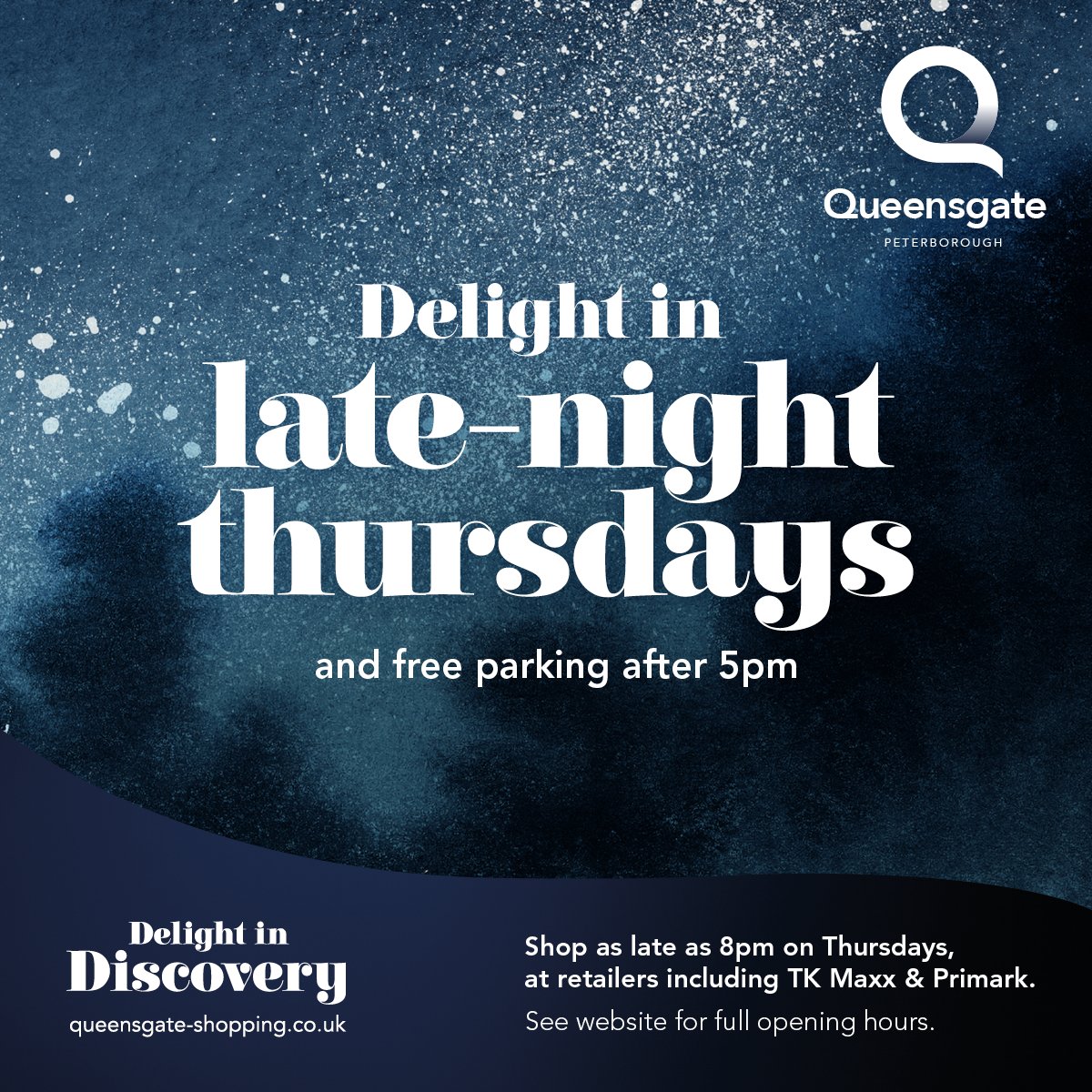 Don't forget, we're open for late night shopping every Thursday until 8pm* with FREE parking after 5pm! *Retailer hours may vary #latenightshopping #shoplocal #Cambridgeshire #Peterborough #Queensgate #QueensgatePeterborough #QueensgateShoppingCentre
