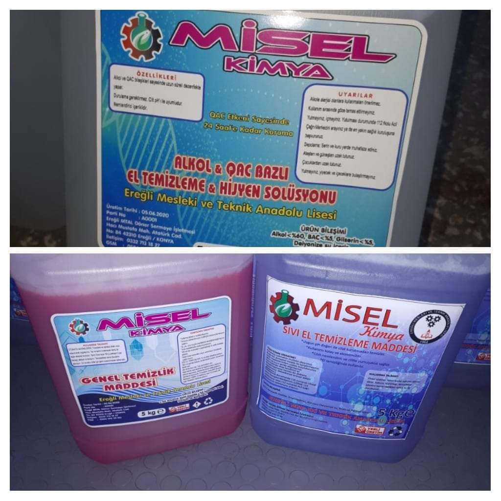 #KonyaMeslekiEgitimUretiyor
Okulumuz Kimya Teknolojisi alanı;
el temizleme ve hijyen solüsyonu, dezenfektan, sıvı sabun, kolonya ve genel temizlik maddeleri üretimine hız kesmeden devam ediyor.