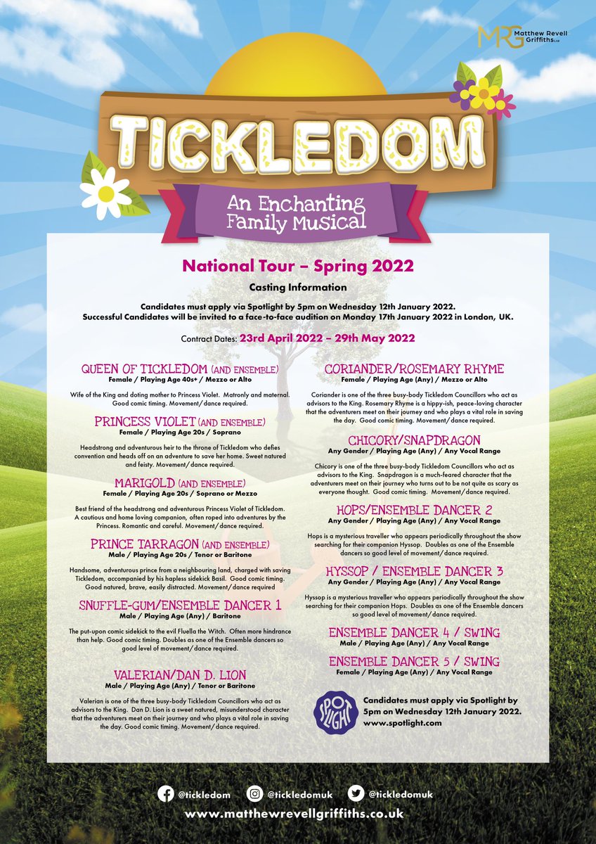 TICKLEDOM
National Tour – Spring 2022

CASTING INFORMATION /
CHARACTER BREAKDOWNS

Candidates must apply via Spotlight by 5pm on Wed 12 Jan 2022. Successful Candidates will be invited to a face-to-face audition on Mon 17 Jan 2022 in London, UK.

Produced by <a href="/mrgproductions/">Matthew Revell-Griffiths Ltd</a>.