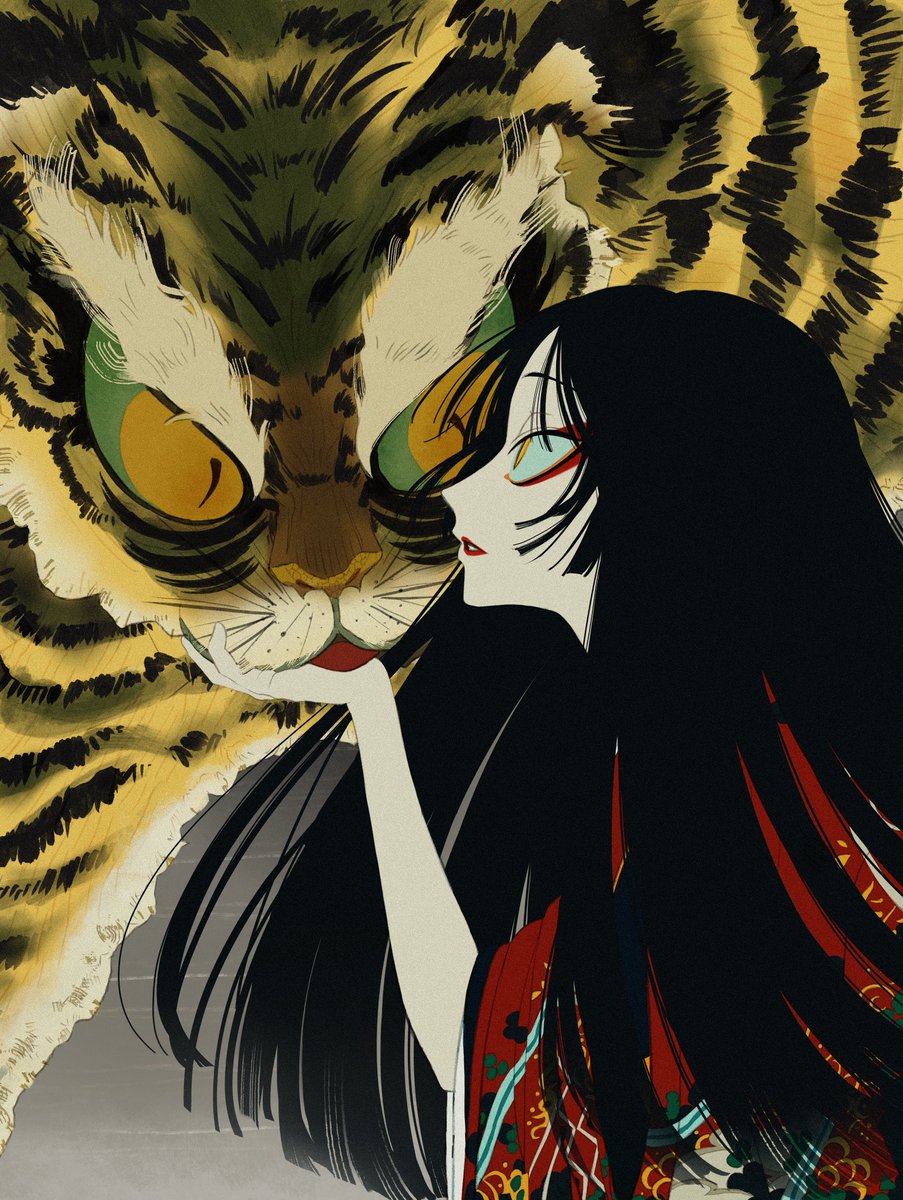 1girl tiger black hair long hair kimono japanese clothes year of the tiger  illustration images
