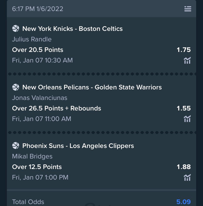 MoneyLineJoey1's tweet photo. 3-Leg PlayerPrompt parlay⛹️

Julius Randle O20.5 Points

Jonas Valanciunas O26.5 Points + Rebounds

Mikal Bridges O12.5 Points

+500 #GamblingTwiitter #PlayerProps #SportsPicks #NBA https://t.co/1FOqOxknWn