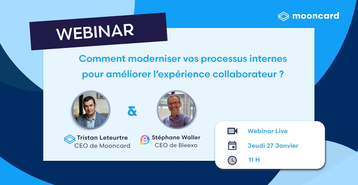 L’optimisation des processus est une notion clé pour toute organisation en quête de réussite.

Mooncard et <a href="/Bleexo/">Brittney Anderson</a> s’associent ce jeudi 27 janvier à 11h pour vous proposer un #webinar sur l’amélioration des processus internes. 

RDV ici 👉🏼 hubs.ly/Q011rZ4T0