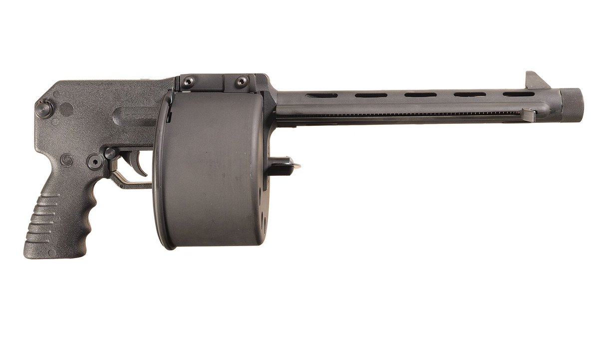 A stockless .45-70 Gov rotary drum magazine revolver. 