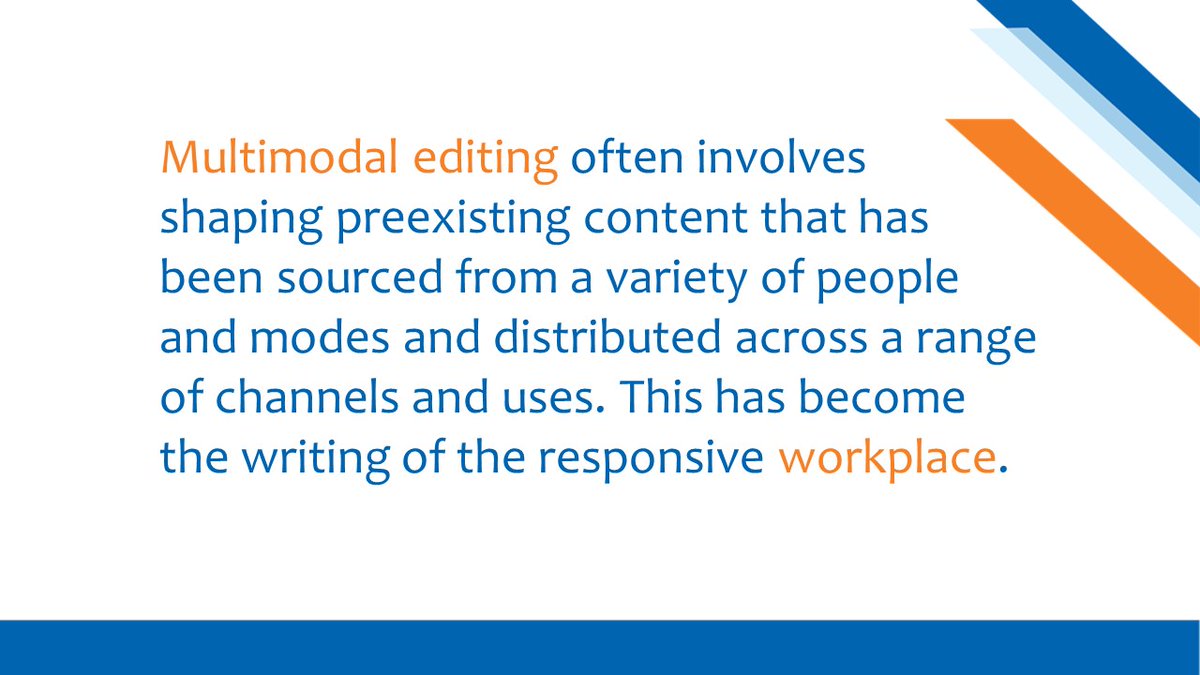 BlueLeoComm's tweet image. #MultimodalEditing often involves shaping preexisting content that has been sourced from a variety of people and modes and distributed across a range of channels and uses. This has become the writing of the responsive #Workplace.