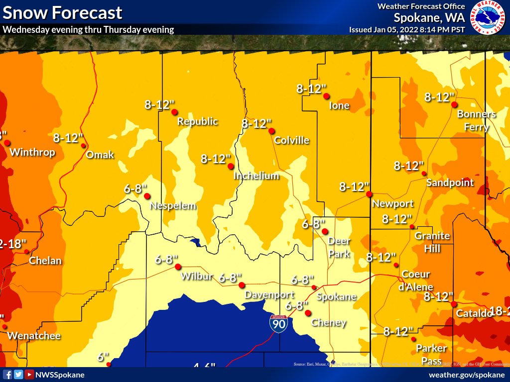 ❄️While we can't plot EVERY location on the map, here is a zoomed-in view of snow totals through THU evening for northeast WA/northern ID.
#wawx #idwx
1/2