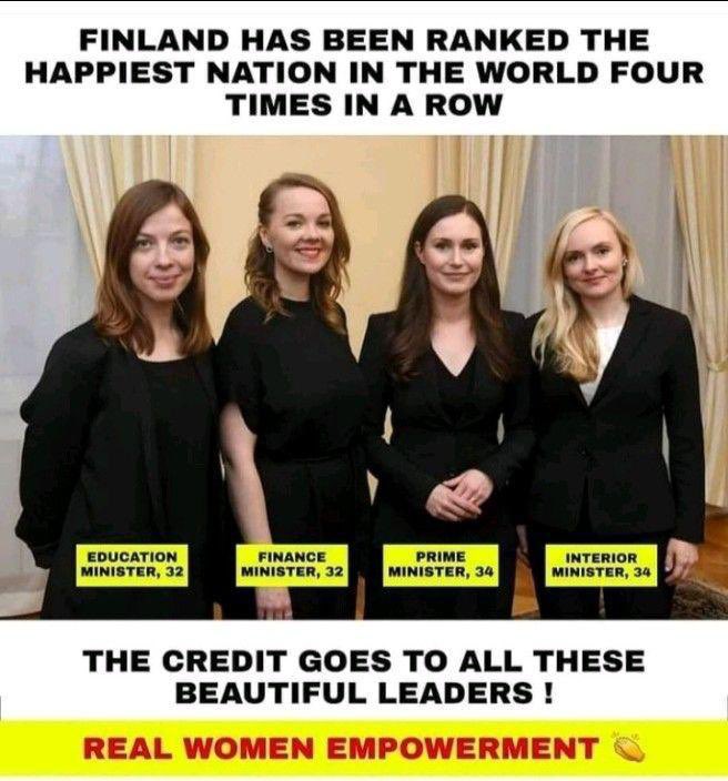ginadiezbarroso's tweet image. Finlandia, por 4a vez consecutiva es declarada como la nación “Más Feliz” del mundo, hay que darles crédito a estas extraordinarias mujeres muy jóvenes, que hoy dirigen este País. @DaliaEmpower  @inmujeres @ONUMujeres