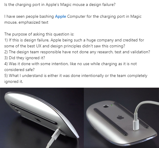 bkhanalam's tweet photo. Is the charging port in @Apple's Magic mouse a design failure?
#usability #design #apple #designthinking #designfailure https://t.co/HXP5X1llKI