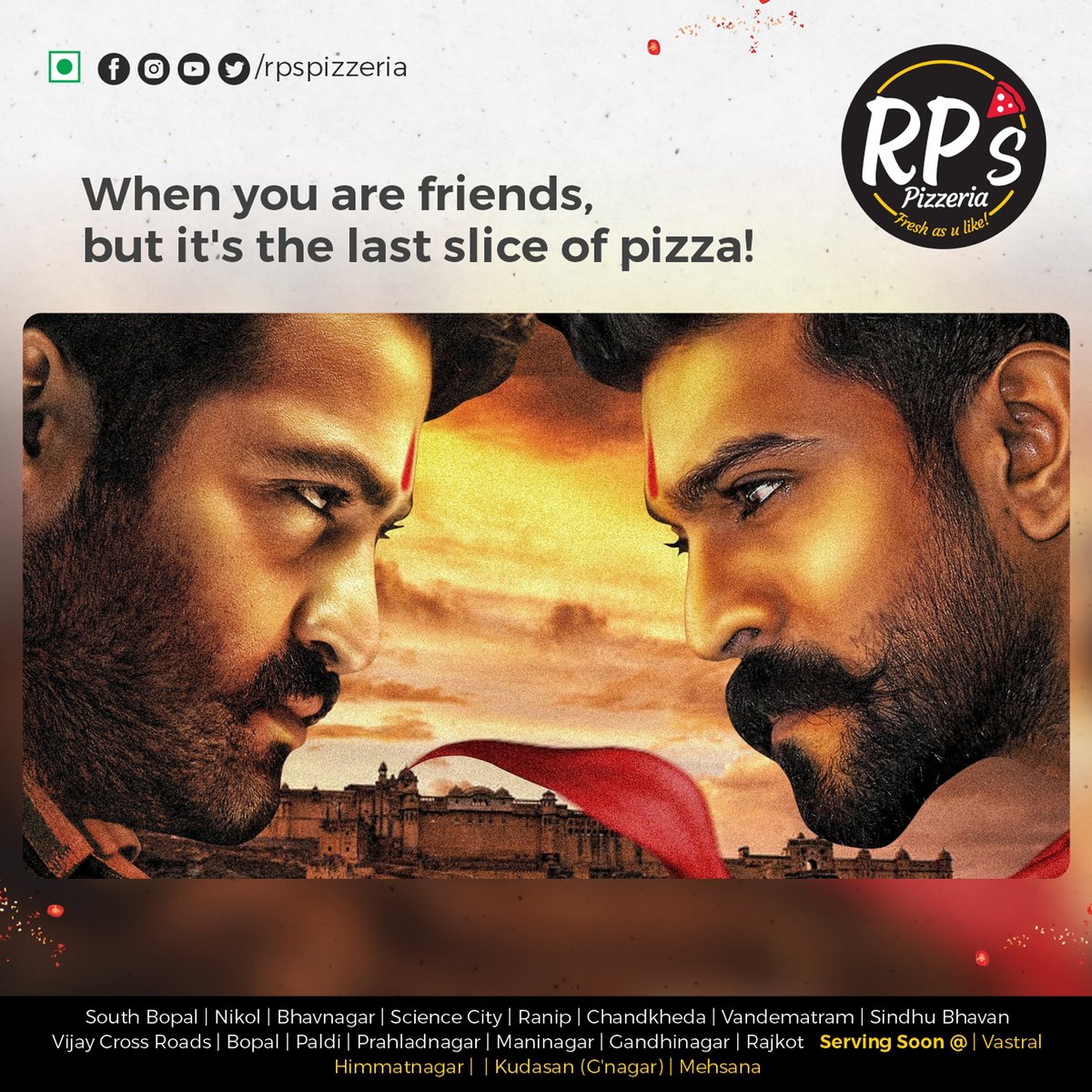 RPsPizzeria's tweet photo. Why fight over a slice when you can order more at half the price at RP's! Order Now!
#RRRMoive #ThursdayThoughts https://t.co/dealb4TsIz