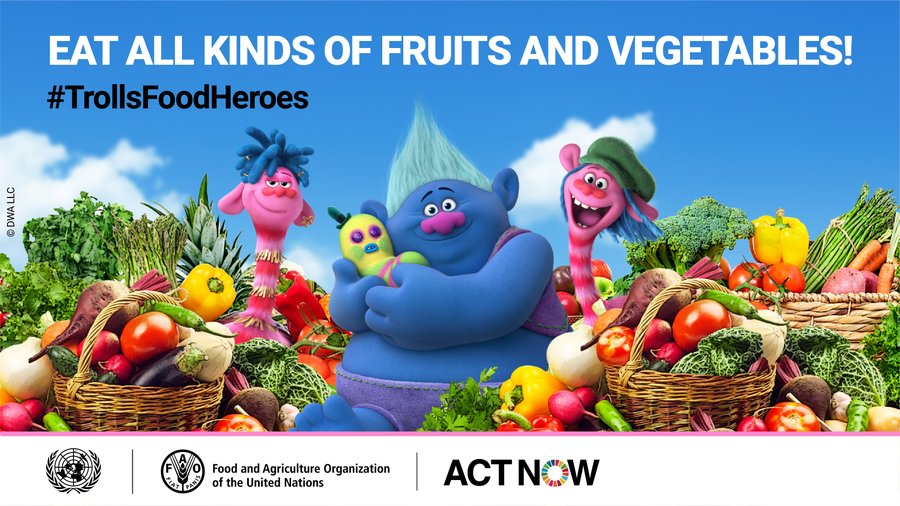 The #TrollsFoodHeroes have joined forces with the UN to help build a more sustainable world.    By eating all kinds of fruits and vegetables – including "ugly" ones – you can improve your health & help reduce food waste. 🍊🫐🥕🥦     More ways you can #ActNow: un.org/actnow