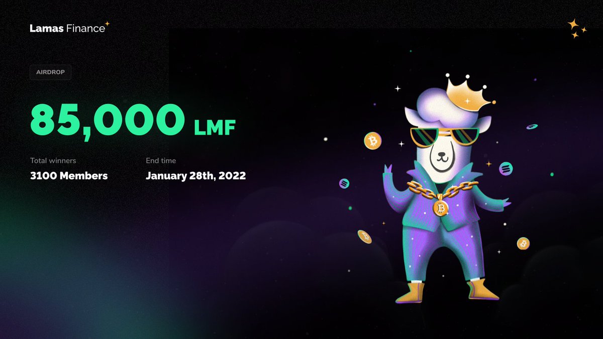 Lamas Finance 85,000 LMF ($34,000) Airdrop Campaign Total winners: 3100 members - 250 LMF/each for 100 members with the highest entries. - 20 LMF/each for 3000 random winners. Join the Gleam campaign at: gleam.io/NtOrM/lamas-fi…
