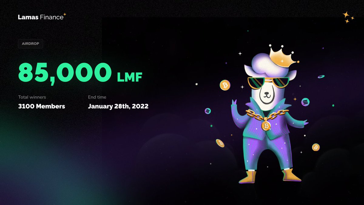 Lamas Finance 85,000 LMF ($34,000) Airdrop Campaign

Total winners: 3100 members
- 250 LMF/each for 100 members with the highest entries.
- 20 LMF/each for 3000 random winners.

Join the Gleam campaign at: gleam.io/NtOrM/lamas-fi…