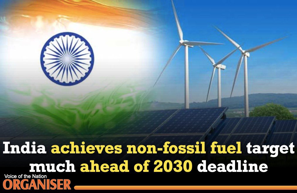 eOrganiser's tweet image. At COP-21, as part of its NDCs, India had committed to achieving 40 per cent of its installed electricity capacity from non-fossil energy sources by 2030. The country has achieved this target in November
2021 itself. 

#NonFossilEnergy #COP21