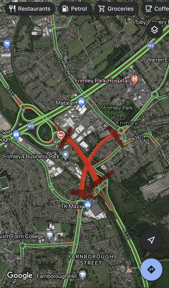 SurreyRoadCops's tweet photo. The #A331 is currently closed in both directions between J4 and the Frimley junctions along with the #A325 between Frimley and the Farnborough Gate R/A due to an ongoing police incident. Traffic is building in the area, please find an alternate route. https://t.co/Pgf1XFXzZl