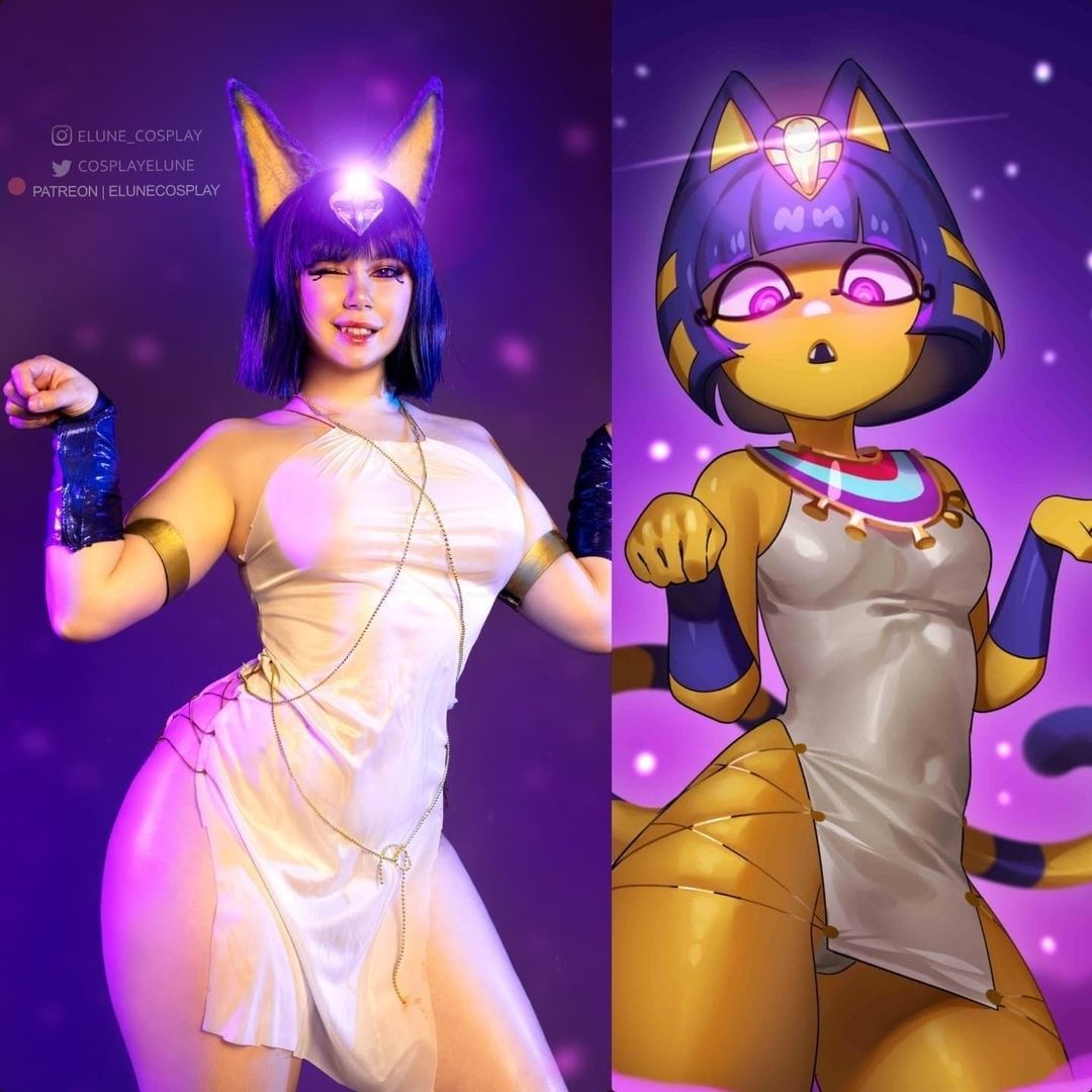 Side by side Ankha cosplay.credit @elune_cosplay tag. 