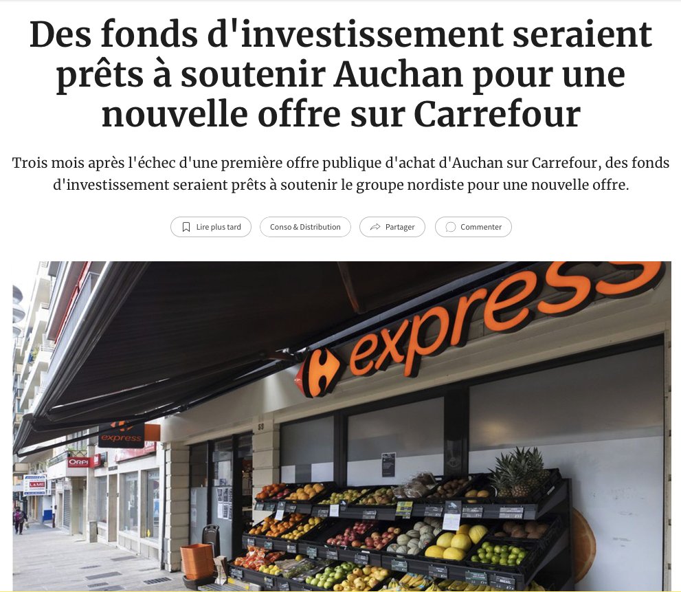 Dauvers70's tweet image. Après avoir mis 7 Mds$ sur l'Anglais Morrisson, des fonds prêts à apporter 6 Mds€ pour aider @AUCHAN_France à croquer @GroupeCarrefour. Donc : 1/ soit le "vieux" commerce est redevenu attractif (d'un coup) ; 2/ soit il y a des milliards à ne savoir qu'en faire...
@LesEchos