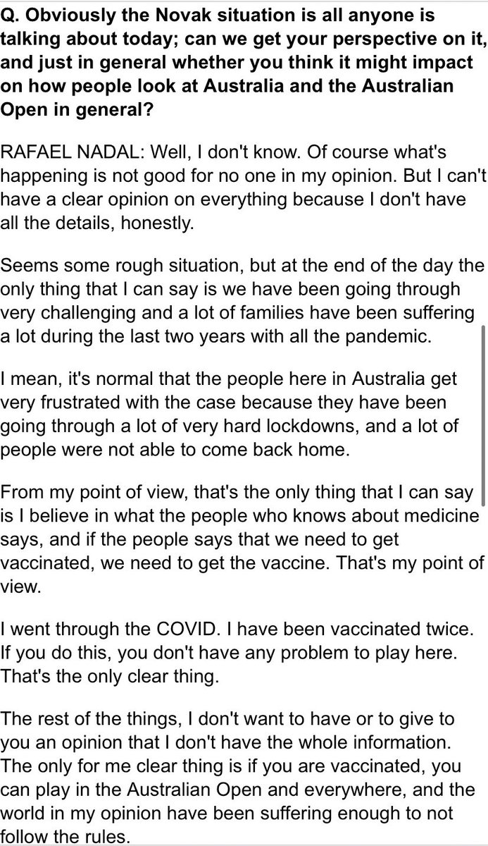 BenRothenberg's tweet photo. Here are Rafael Nadal’s full answers on the Novak Djokovic situation, which Nadal clearly thinks Djokovic created for himself.

Nadal has consistently backed the science of vaccines during the pandemic, so this is a pretty consistent line of answering for him. https://t.co/K6Rsh7OVrr