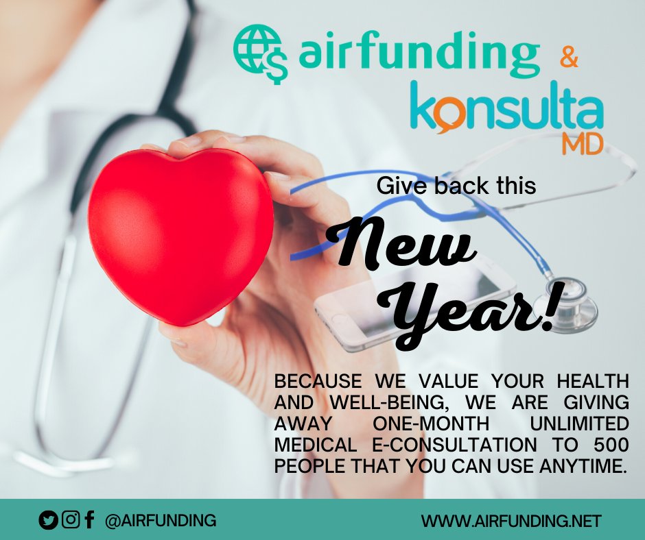 As part of #AirfundingCares mission to help many people and as we enter the new year, @Airfunding will be giving away free 1-month unlimited consultation to 500 people from top online consultation providers in the Philippines-KonsultaMD at bit.ly/327hBjk
#AirfundingPH