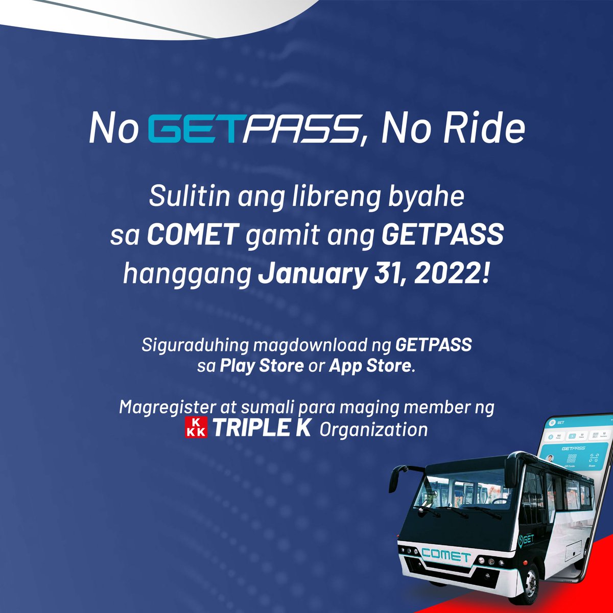valenzuelacity's tweet photo. NO #GETPASS APP, NO RIDE! Mag-download na ng Get Pass app para masulit mo ang COMET free rides hanggang Enero 31, 2022!
#GetElectricToday https://t.co/xWhVviFZtS