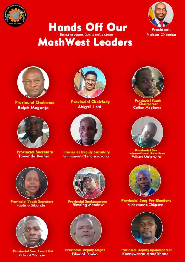 Our Entire @mdcmashwest Provincial Executive on trial in Chinhoyi today. Crime: Being members of the MDC Alliance led by @nelsonchamisa #NgaapindeHakeMukomana