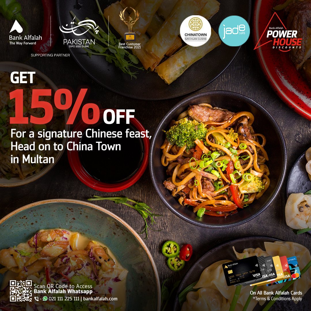 BankAlfalahPAK's tweet photo. Enjoy your favorite Chinese dishes at China Town in Multan at 15% discount with Bank Alfalah Power House Discounts.
Terms and Conditions Apply
Valid on all Bank Alfalah Cards
#BankAlfalah #TheWayForward #BAFCards #PowerHouseDiscounts #Multan #ChinaTown https://t.co/vNw8stKQNR