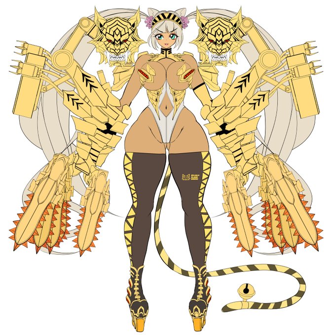 ミャーDTの三面図です。
複雑なアームにより巨大なガントレットが展開し、ミャーの腕に接続されます。稼働時、側面に迫り出す排熱孔の熱は数千度に達するため、敵の接近を許しません。そして4基の背部バーニアにより3次元戦闘を可能にしています。
#エデンズリッターグレンツェ 