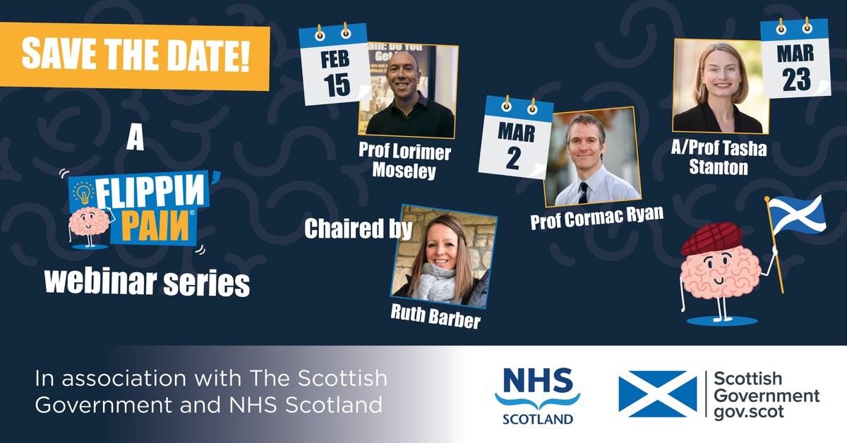FlippinPain's tweet photo. 📢Dates for your diary
Live public seminars for people affected by persistent pain in collaboration with @scotgovhealth &amp; @NHSScotland

🗓️15/2 | 10am GMT | Prof Lorimer Moseley AO
🗓️2/3 | 5pm GMT | Prof Cormac Ryan
🗓️23/3 | 12pm GMT | A/Prof Tasha Stanton
*Booking opens next week https://t.co/ZGlPp7U1MY