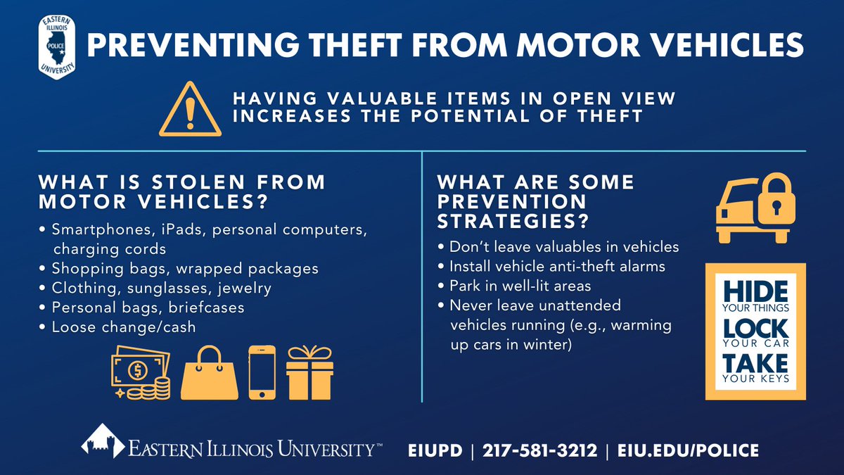 UPD Crime Prevention Tip: HIDE-LOCK-TAKE

Getting ready to rush off to class? Don't forget to HIDE your things, LOCK your car and TAKE your keys!