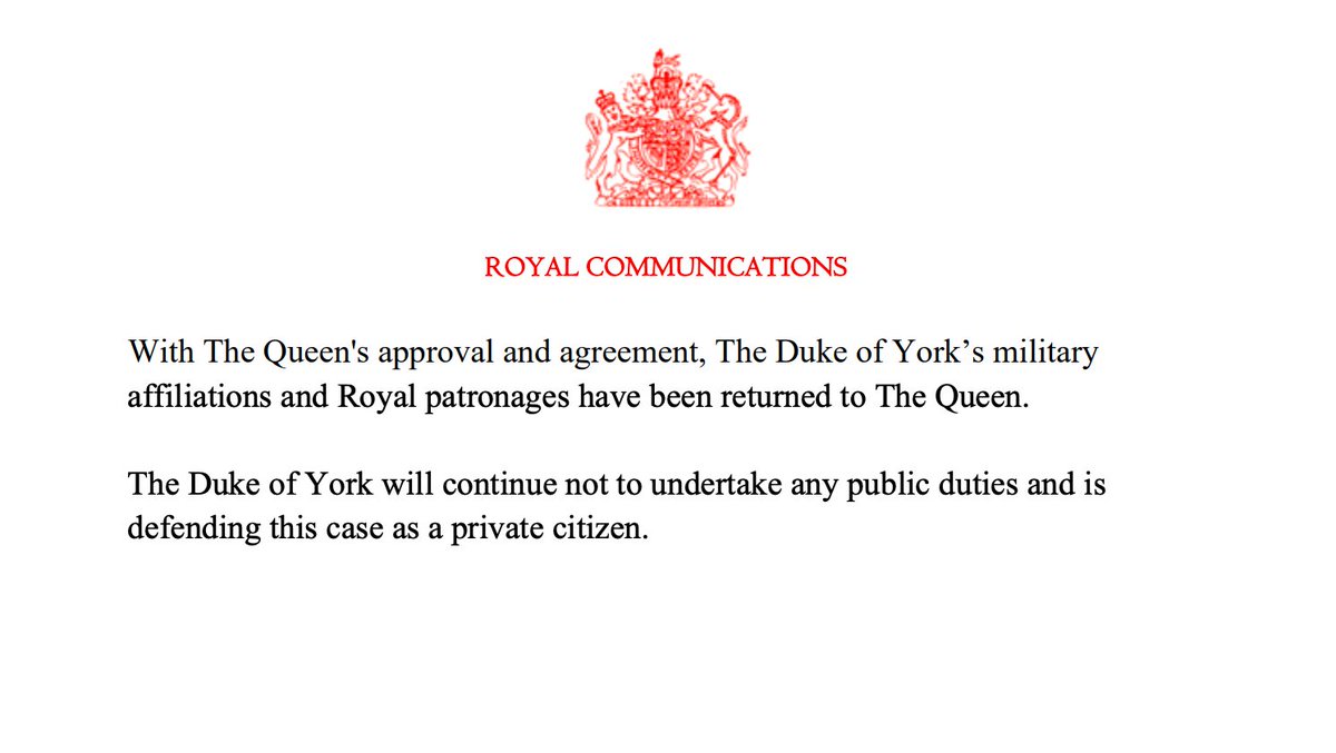 A statement from Buckingham Palace regarding The Duke of York: