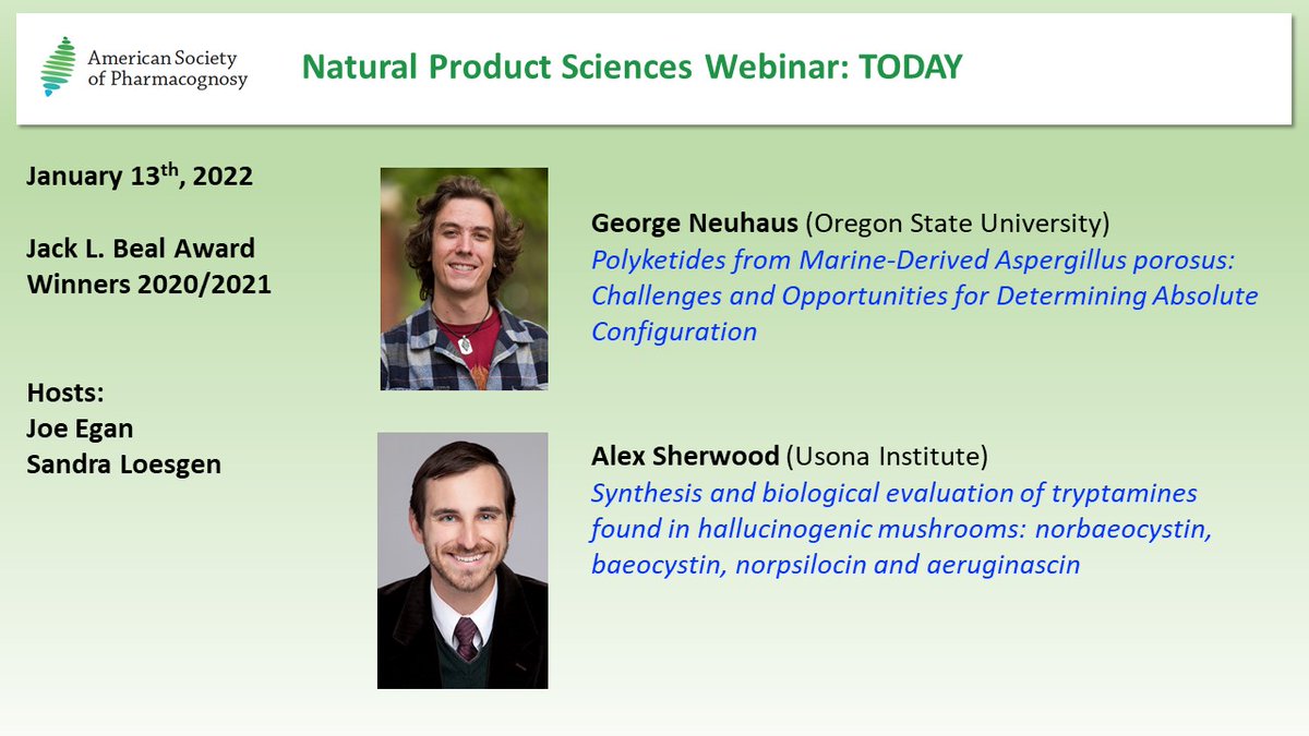 pharmacognosy's tweet photo. It's not too late to register for the ASP Natural Product Sciences Webinar today with the 2020 &amp; 2021 JNP Jack Beal Award Winners, George Neuhaus &amp; Alex Sherwood. Registration closes at 3pm Eastern. 
#ASPWebinar #NaturalProducts #JNP 
https://t.co/JbROoH2apx https://t.co/rmAfAZDtRQ