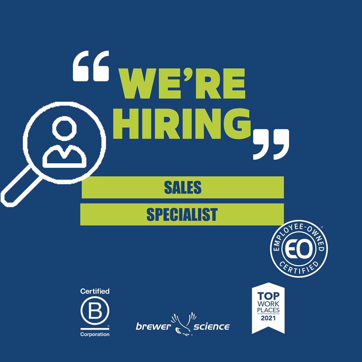 test Twitter Media - Brewer Science is looking for a Sales Specialist to join our team in Rolla, MO. Learn more about the position and other current job openings by visiting : https://t.co/4e0AMaMY4y
Brewer Science is proud to be @certified_eo and Certified B Corporation (@bcorpuscan) https://t.co/qt9LtS03NV
