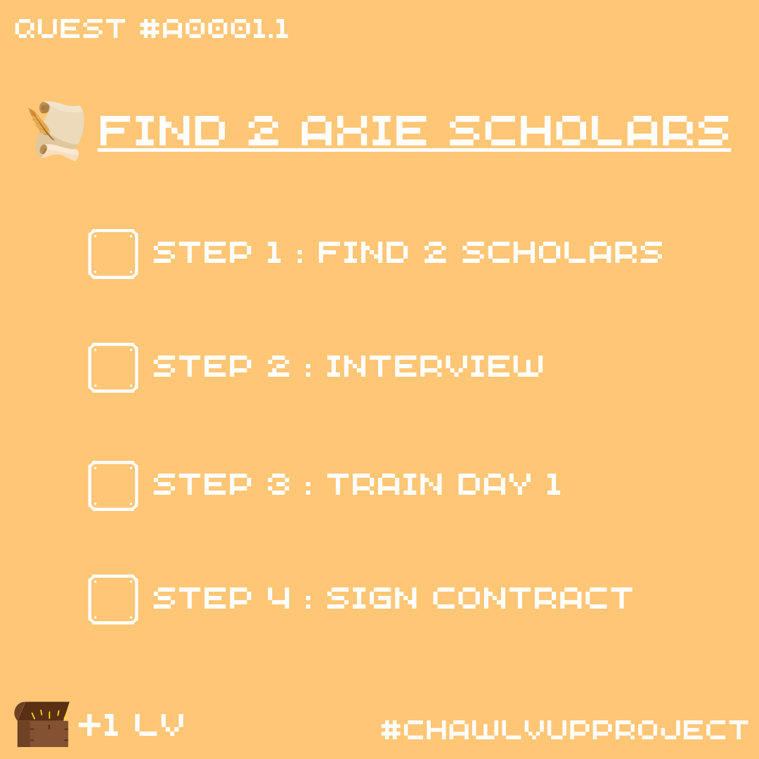 chawlvup's tweet photo. Let's start the journal.
My 1st quest is "find 2 axie scholars".
Accept Date : Jan 14, 2025.
Reward : +1 LV.

#CHAWLVUPPROJECT https://t.co/RfsJhLPRtJ