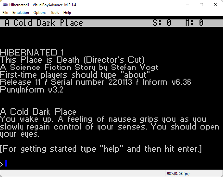 8bit_era's tweet photo. So... now guess who has ported #Hibernated1 to the Gameboy Advance? The input interface is very intuitive. It is amazing how easy you can actually play it on the real thing. I think we will bring this in physical form. Watch this space! #GBA #GameBoy #Advance #Fiction #Zmachine https://t.co/ypgx14uUhD