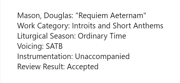 Great to hear today that my 'Requiem Aeternam' has been accepted for the 2022 London Festival of Contemporary Church Music!
<a href="/lfccm/">LFCCM</a> <a href="/NewChoirMusic/">New Music for Choirs</a>