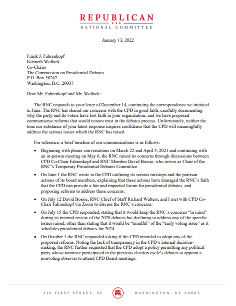 RonnaMcDaniel's tweet photo. For years, the Commission on Presidential Debates has shown bias against Republicans. 
 
Since they continue to stonewall commonsense reforms, the RNC is leveling the playing field to make debates fair for future nominees.
 
See our full letter below. https://t.co/GwrCfz29dV
